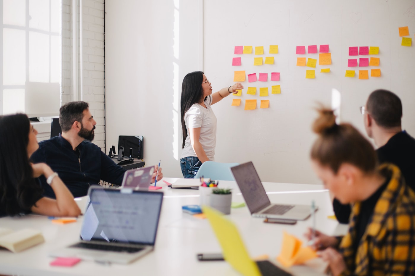 Team planning a product workflow on a whiteboard